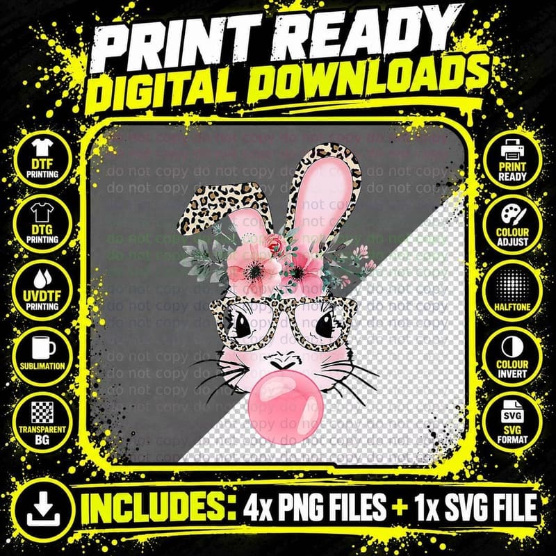 Leopard Print Rabbit Bunny Blowing Bubble Gum Easter Day Png SVG Digital Bundle