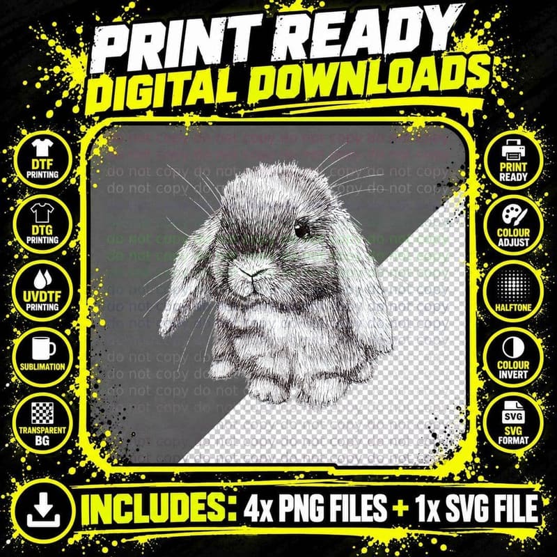 Lop Eared Bunny Rabbit Sketch Mens Childrens T-Shirt Png SVG Digital Bundle