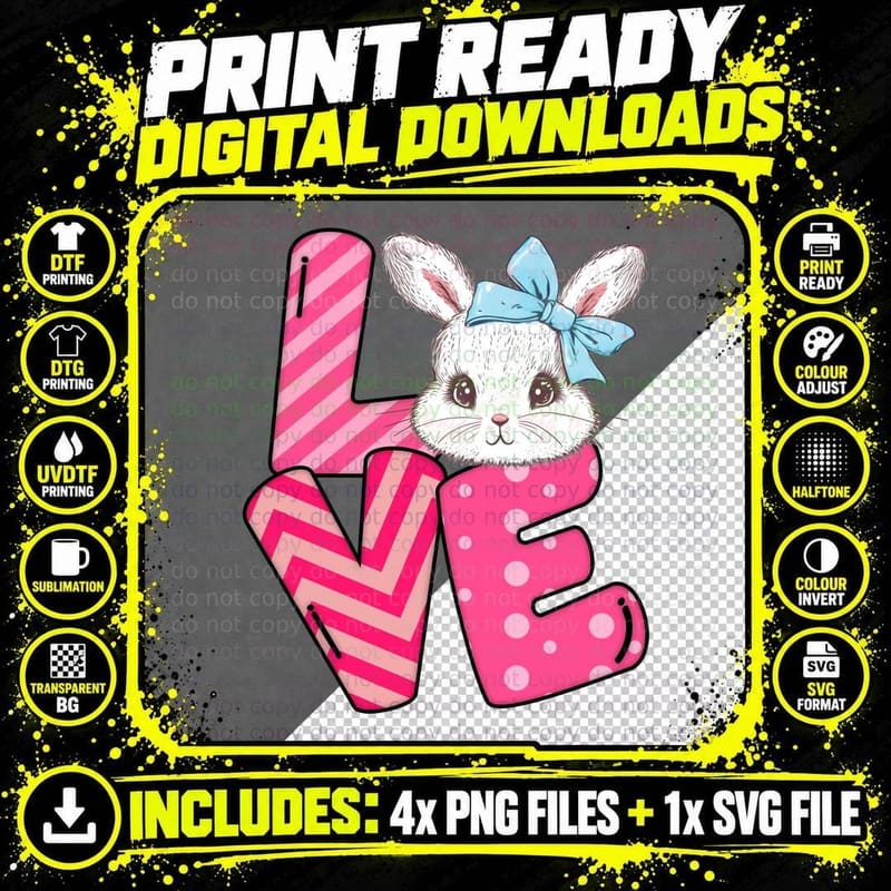 Love Easter T-Shirt, Bunny in Pink Letters Graphic Tee Png SVG Digital Bundle