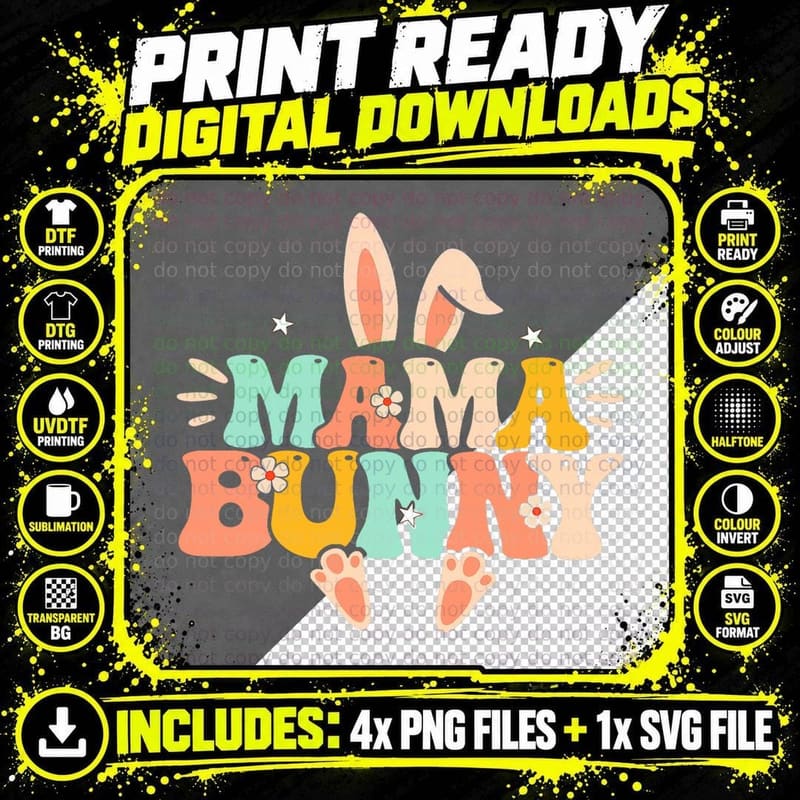Mama Bunny Retro Groovy Bunny Mom Mommy Happy Easter Day Png SVG Digital Bundle