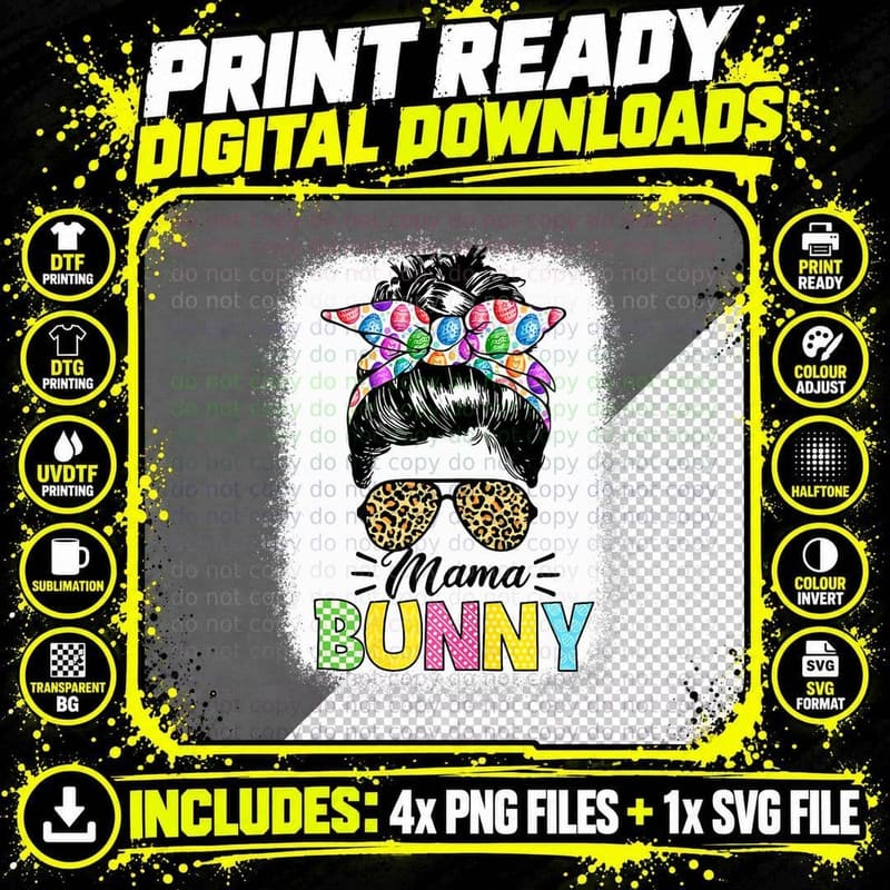 Mama Bunny Shirt for Women Easter Mom Messy Bun Leopard Png SVG Digital Bundle