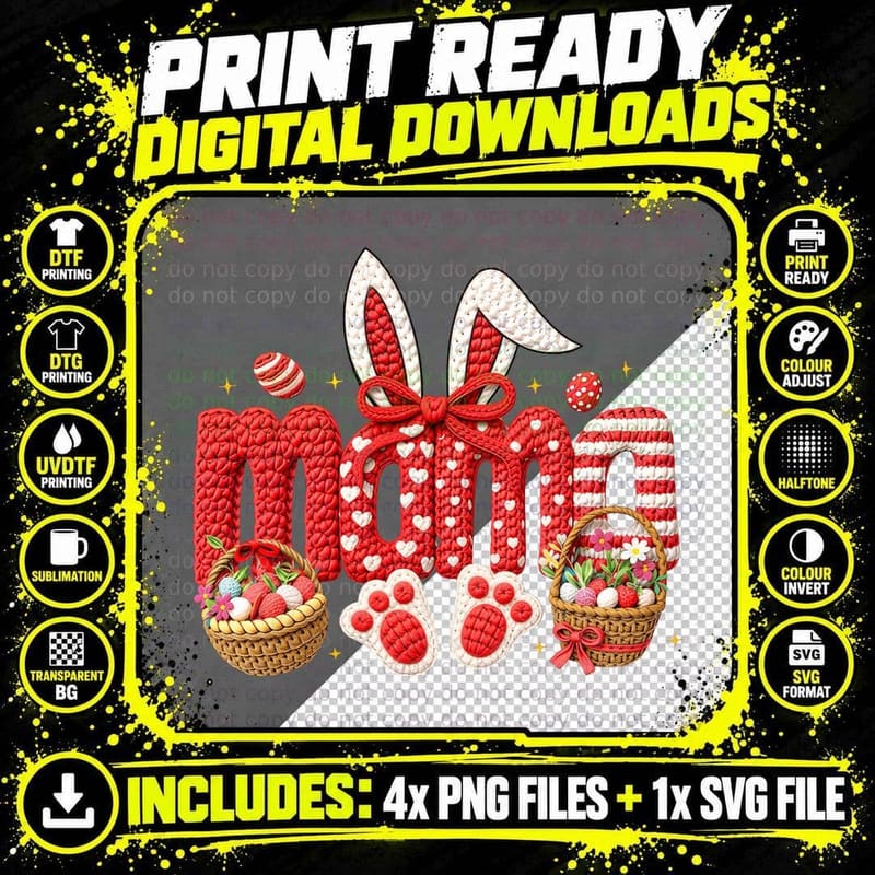 Mami Mama Crochet T-Shirt, Easter Bunny Basket Eggs Png SVG Digital Bundle