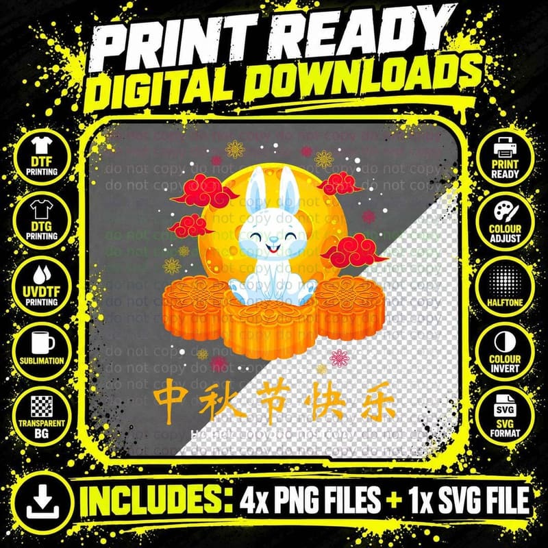 Mid Autumn Cute Rabbit Bunny Moon Cake T-Shirt Png SVG Digital Bundle