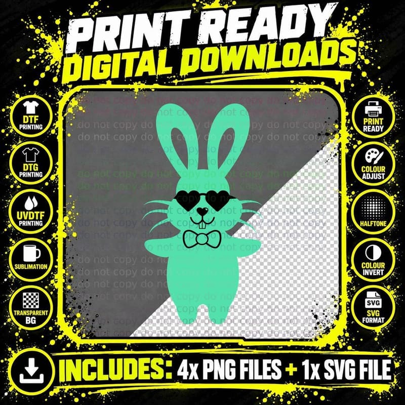Mint Bunny Wearing Heart-Shaped Glasses Easter T-Shirt Png SVG Digital Bundle