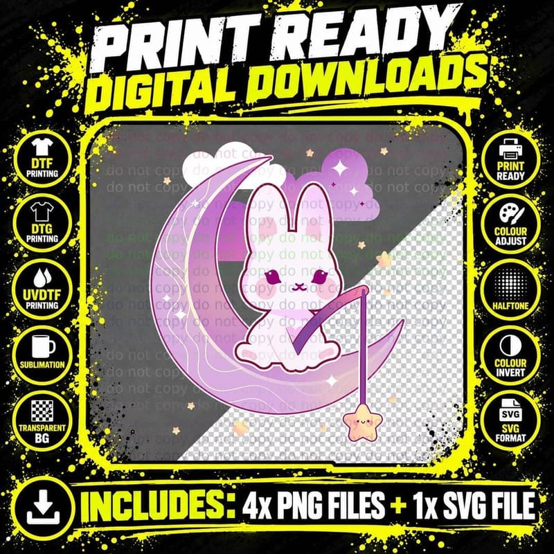 Moon Bunny Pastel Goth Kawaii Lilac Clouds T-Shirt Png SVG Digital Bundle