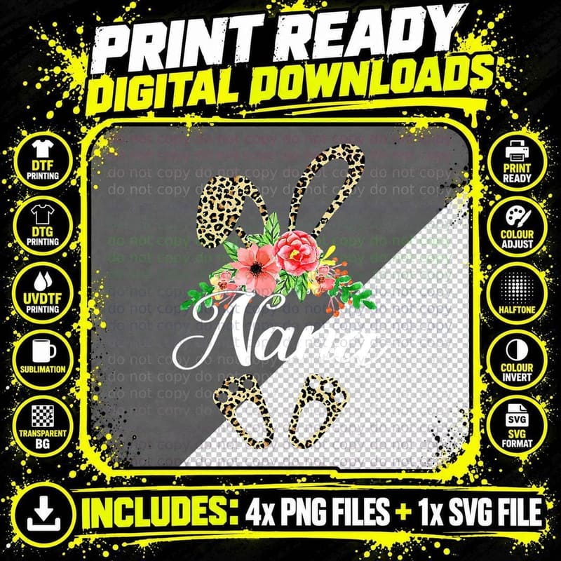 Mother's Day Easter Gifts Flower Nana Leopard Bunny Png SVG Digital Bundle