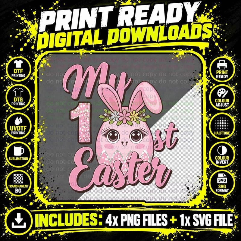 My 1st Easter T-Shirt, Pink Bunny Egg with Floral Crown Png SVG Digital Bundle