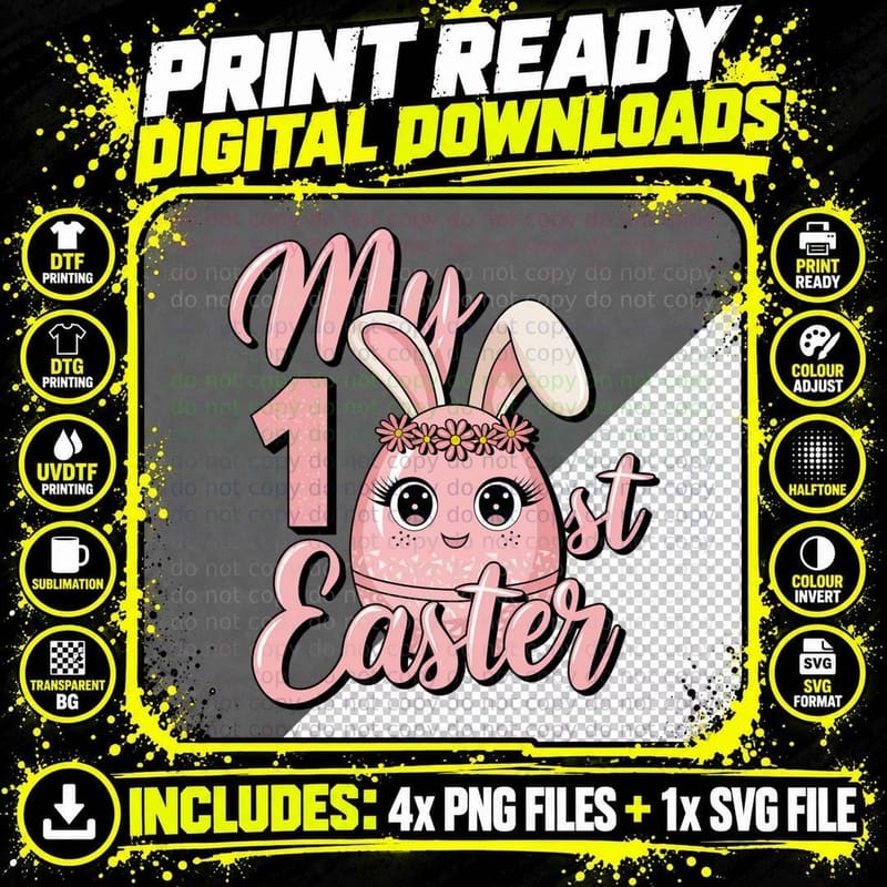 My 1st Easter T-Shirt, Pink Egg Wearing Bunny Ears with Png SVG Digital Bundle