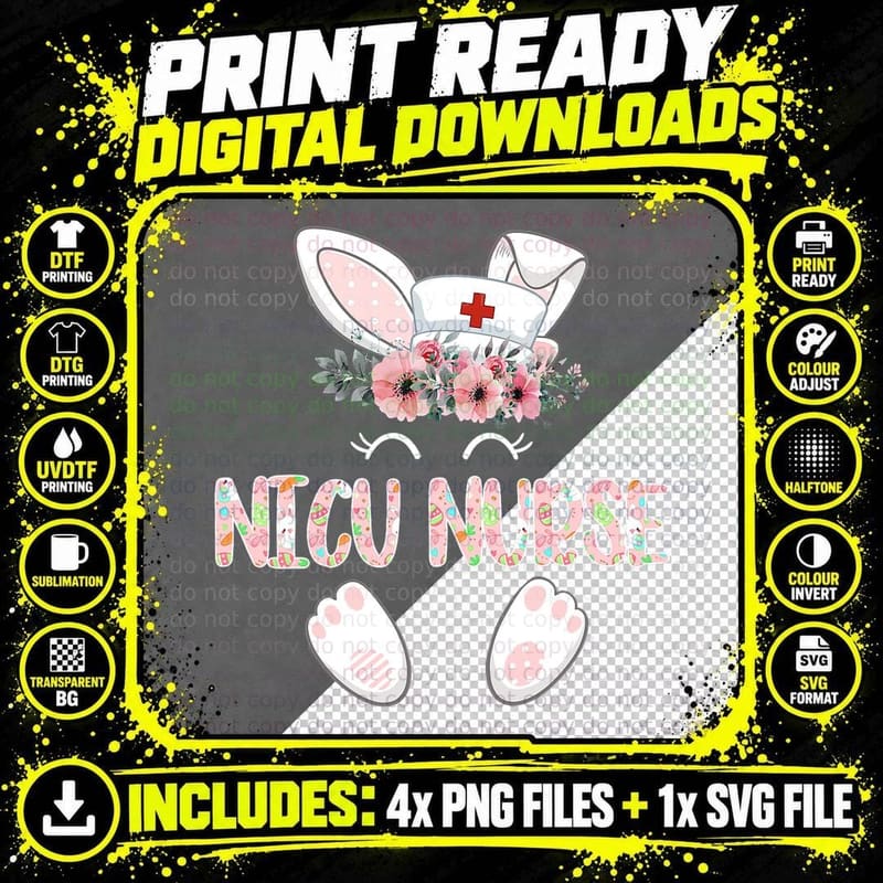 NICU Nurse Easter Nurse Floral Bunny T-Shirt Png SVG Digital Bundle