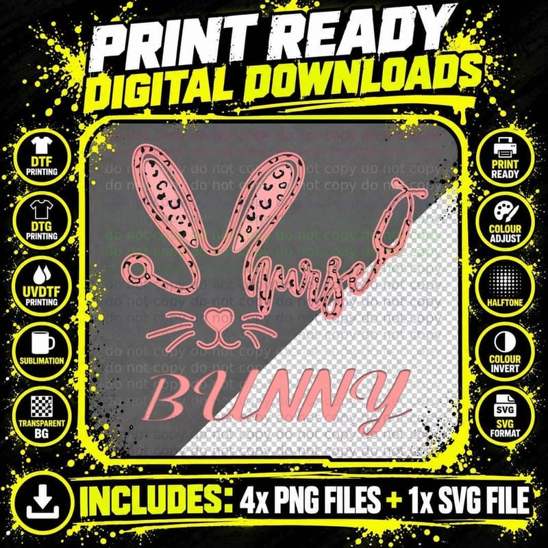 Nurse Bunny Easter T-Shirt, Pink Bunny Ears with Leopard Png SVG Digital Bundle