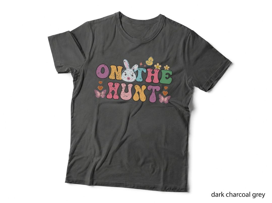 On the Hunt Easter T-Shirt, Easter Bunny Hunt Scene with Hearts Graphic Tee