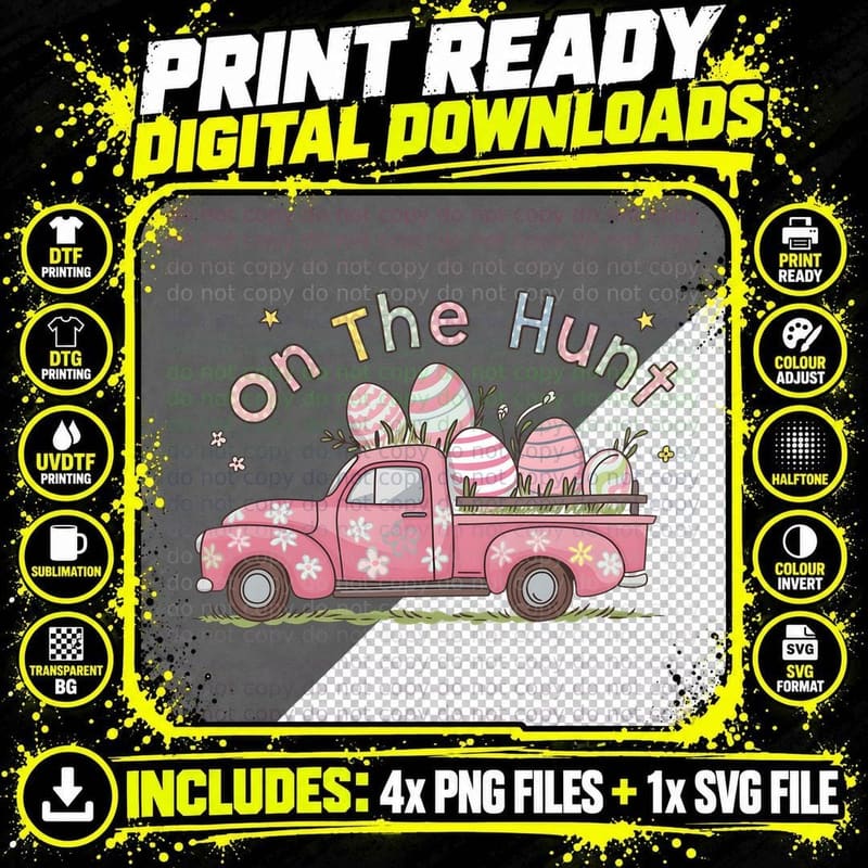 On the Hunt Easter T-Shirt, Easter Egg Hunt Pink Truck Png SVG Digital Bundle