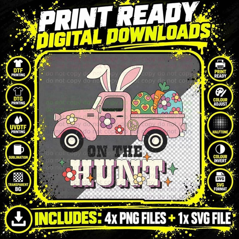 On the Hunt Easter T-Shirt, Easter Truck Carrying Eggs Png SVG Digital Bundle