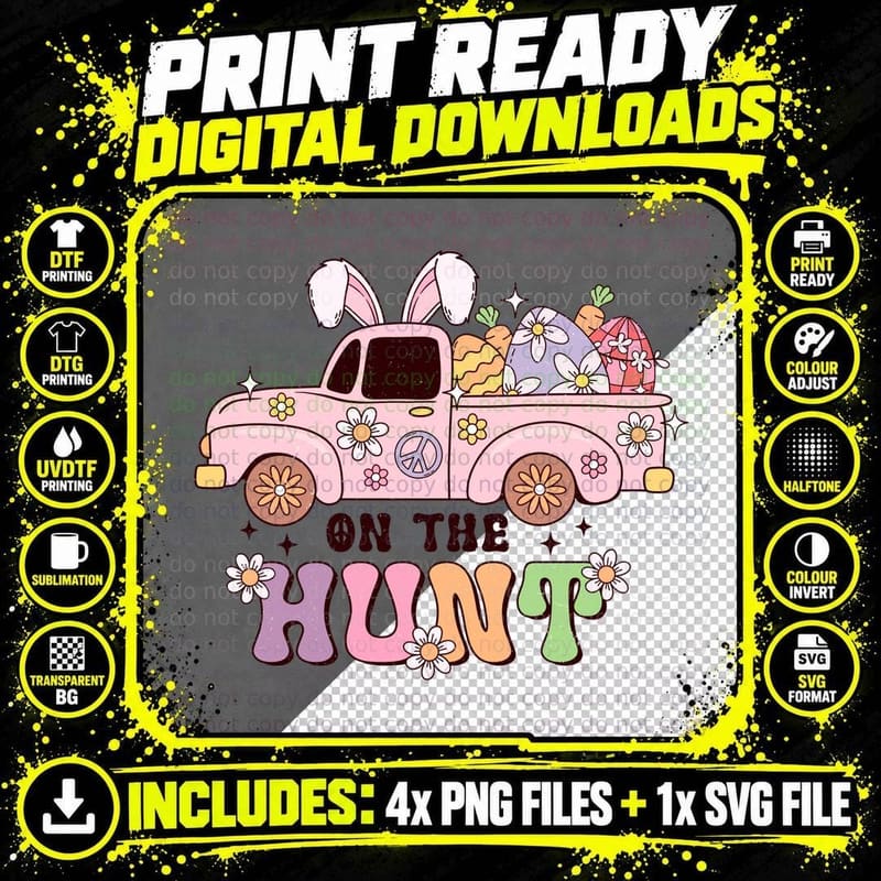 On the Hunt Easter T-Shirt, Easter-Themed Pink Truck Png SVG Digital Bundle