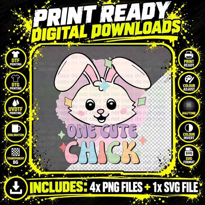 One Cute Chick Easter T-Shirt, Pastel Bunny with Stars Png SVG Digital Bundle
