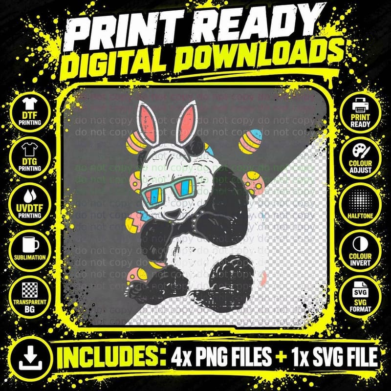 Panda Bunny Ears Glasses Eggs Cute Easter Bear Animal Png SVG Digital Bundle