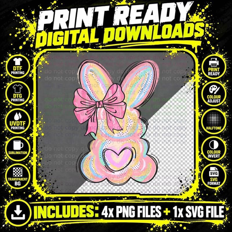 Pastel Bunny with Bow and Heart Easter T-Shirt Png SVG Digital Bundle