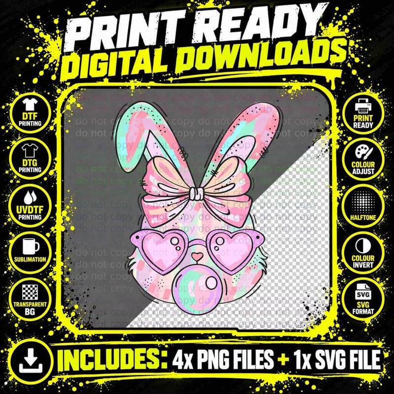 Pastel Bunny with Bow and Hearts Easter T-Shirt Png SVG Digital Bundle