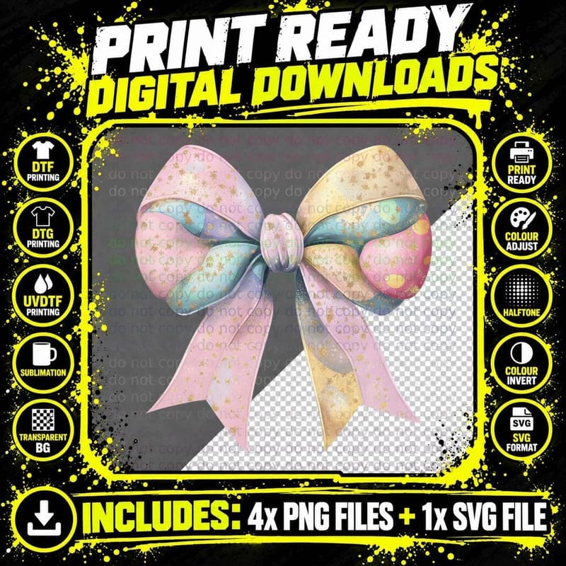 Pastel Glitter Bow Easter T-Shirt, Easter Graphic Tee Png SVG Digital Bundle