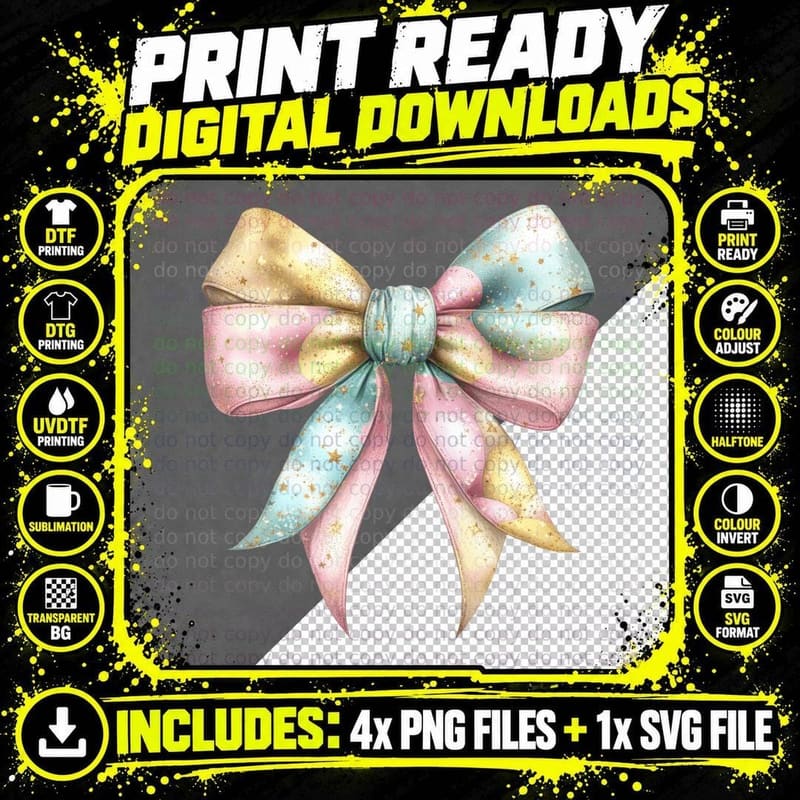 Pastel Glitter Bow Ribbon Easter T-Shirt Png SVG Digital Bundle