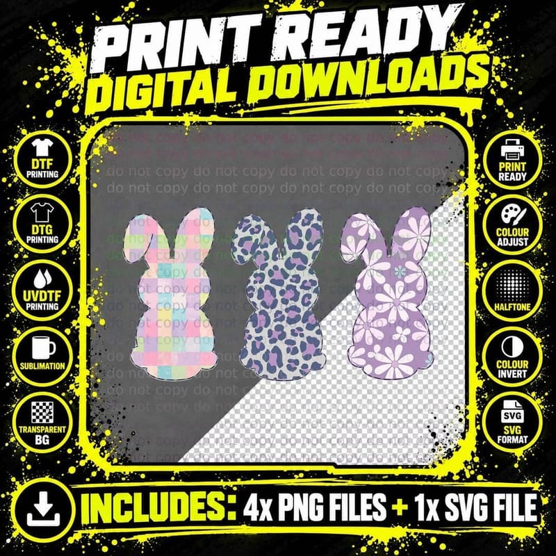 Pastel Patchwork Bunnies Easter T-Shirt Png SVG Digital Bundle
