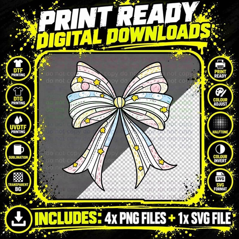 Pastel Ribbon Bow with Stars Easter T-Shirt Png SVG Digital Bundle