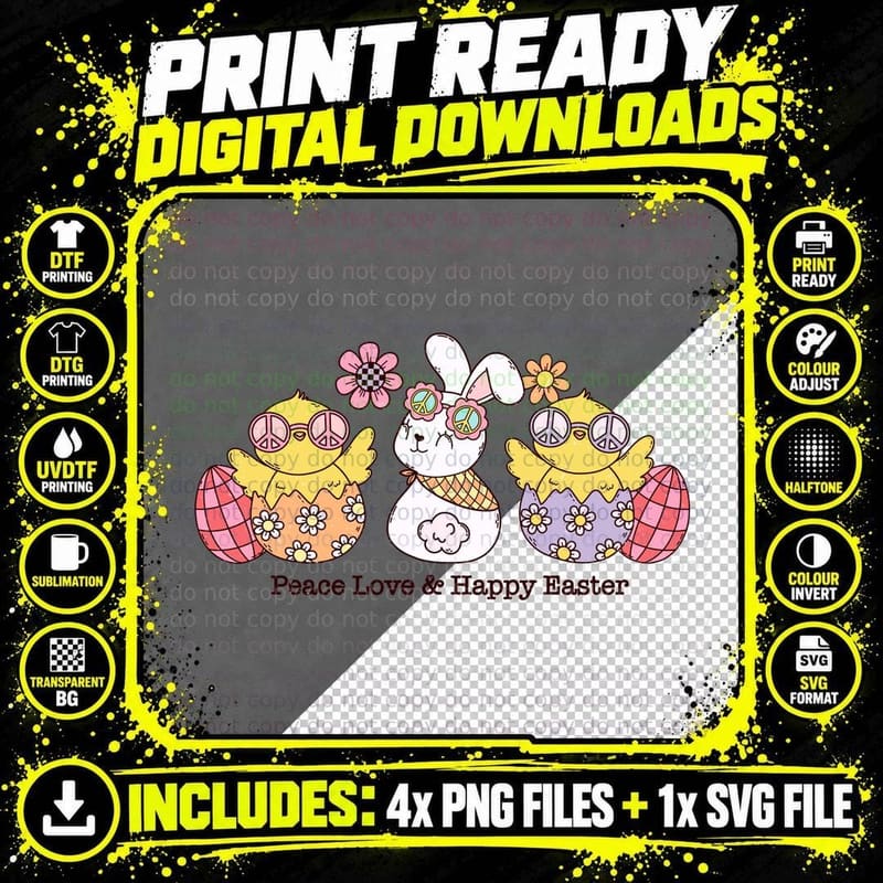 Peace Love & Happy Easter T-Shirt, Easter Chicks with Png SVG Digital Bundle