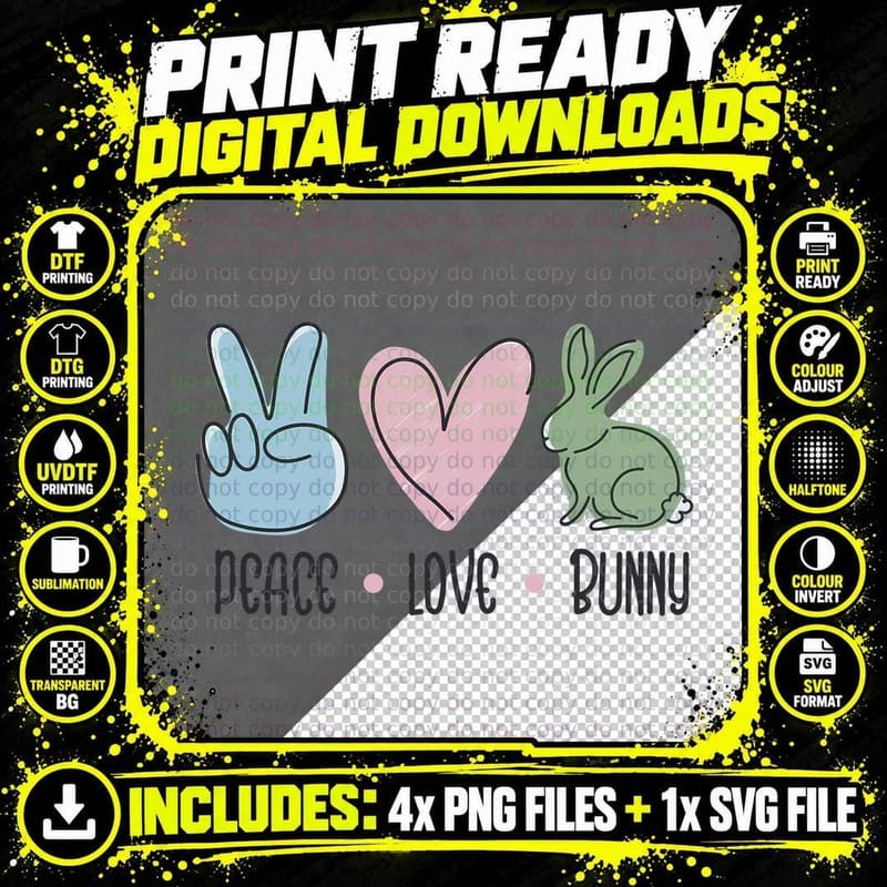 Peace Love Bunny Easter T-Shirt, Peace Love Bunny Png SVG Digital Bundle