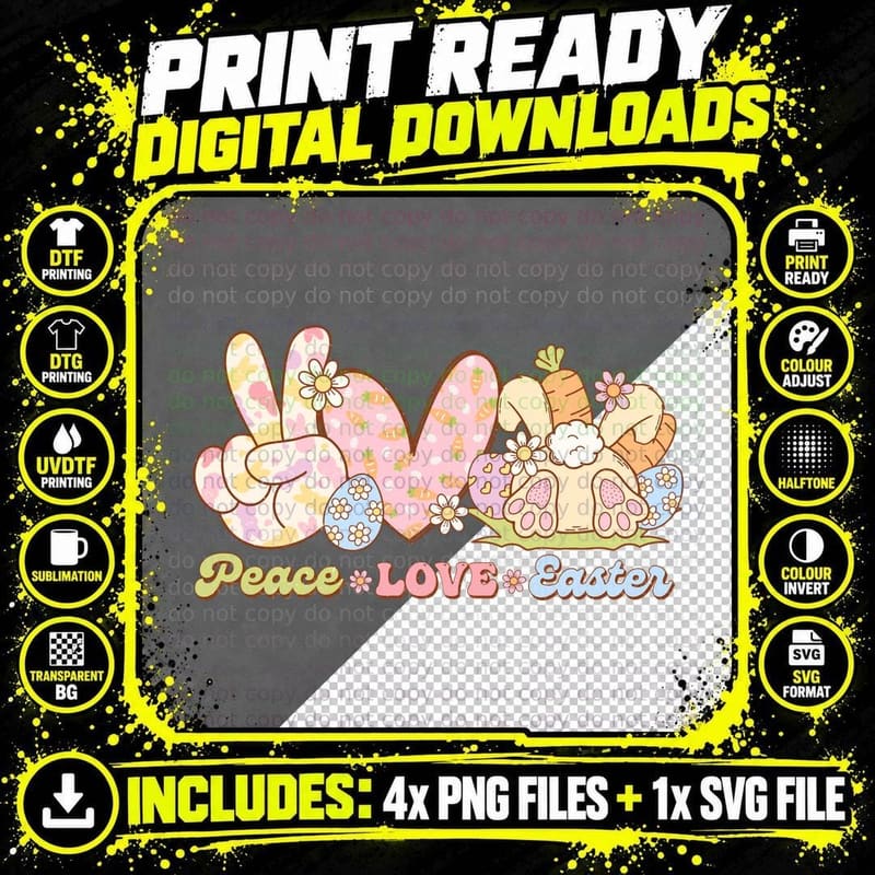 Peace Love Easter T-Shirt, Pastel Easter Bunny Peace Png SVG Digital Bundle