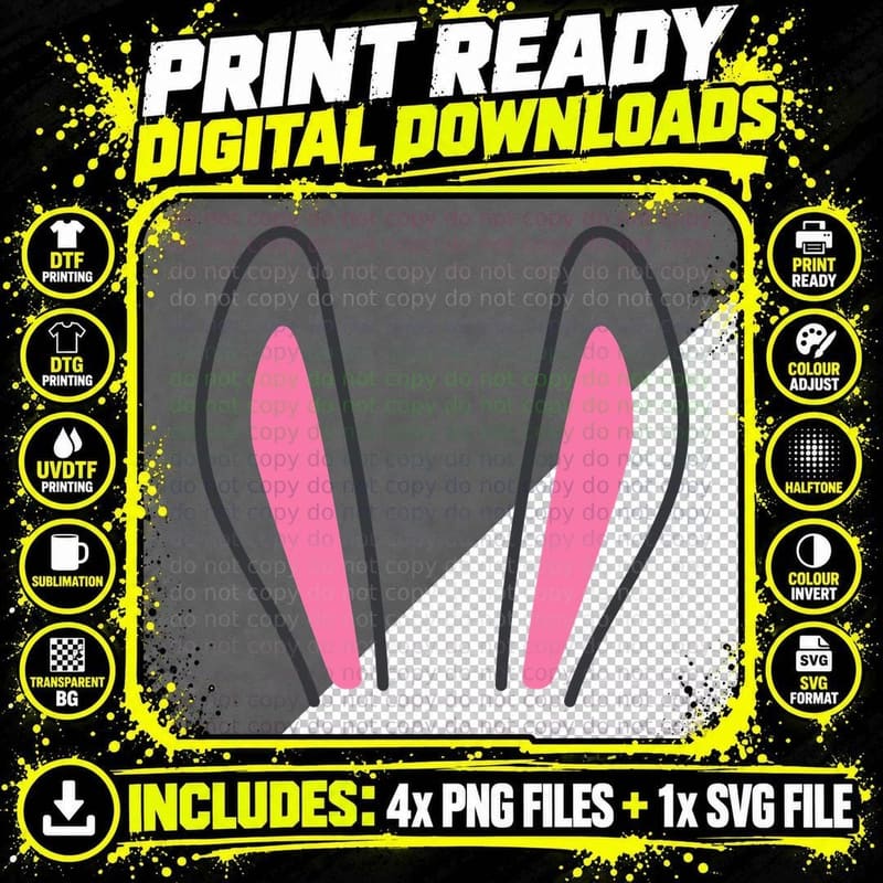 Pink Bunny Ears on Gray Background Easter Design T-Shirt Png SVG Digital Bundle
