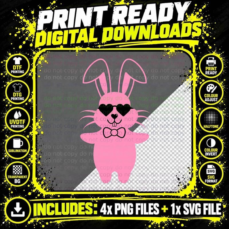 Pink Bunny Wearing Heart-Shaped Glasses Easter T-Shirt Png SVG Digital Bundle