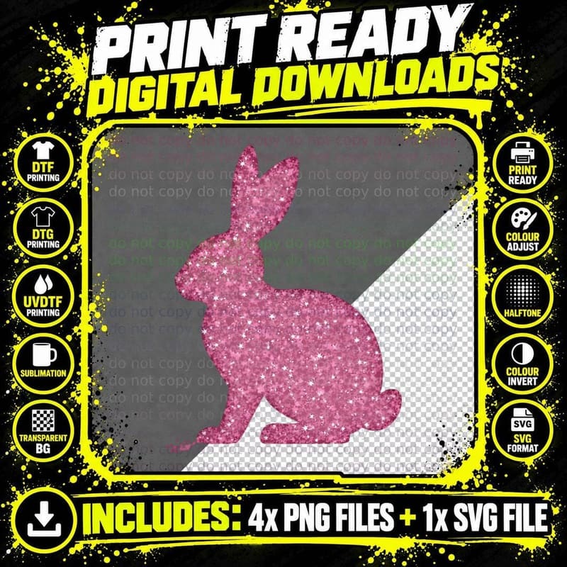 Pink Glitter Rabbit Silhouette Cute Sparkly Animal Png SVG Digital Bundle