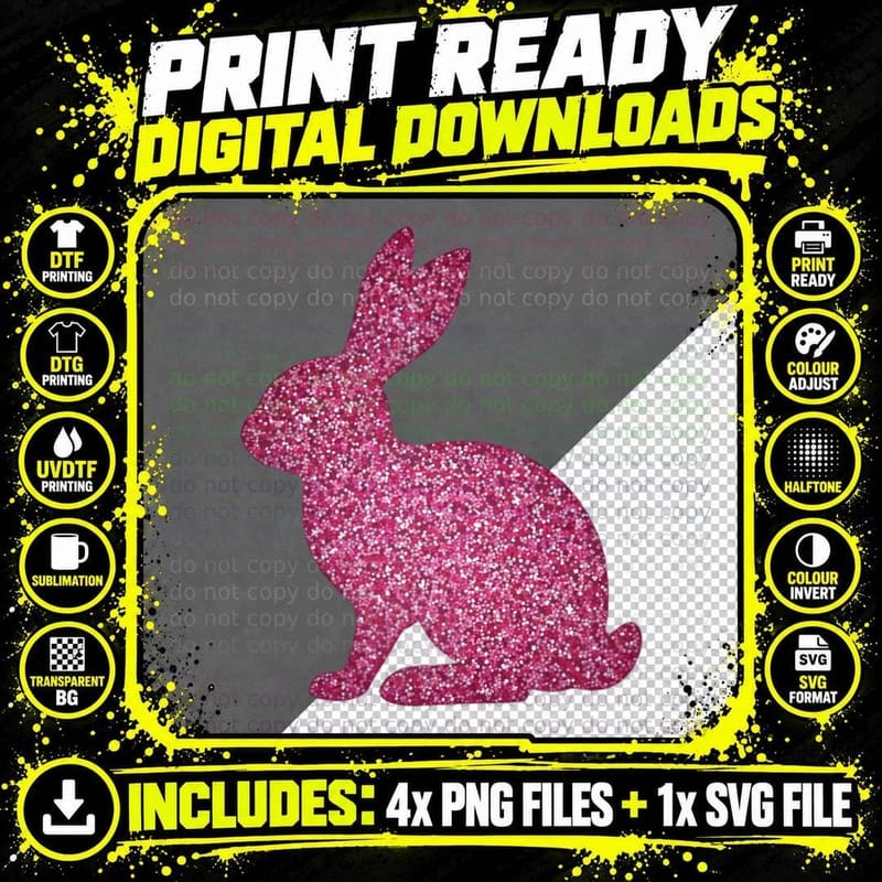 Pink Glitter Rabbit Silhouette Sparkly Cute Animal Png SVG Digital Bundle