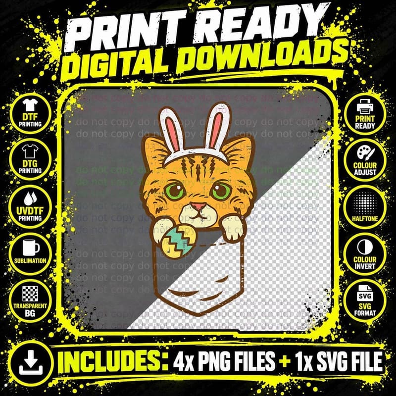 Pocket Easter Kitten Bunny Cat Lover Owner Men Women Png SVG Digital Bundle