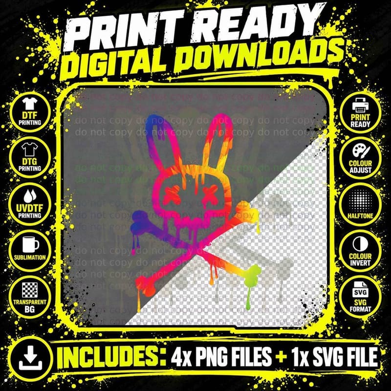 Psychedelic Shirt a Bunny Tie Dye Skull and Crossbones Png SVG Digital Bundle