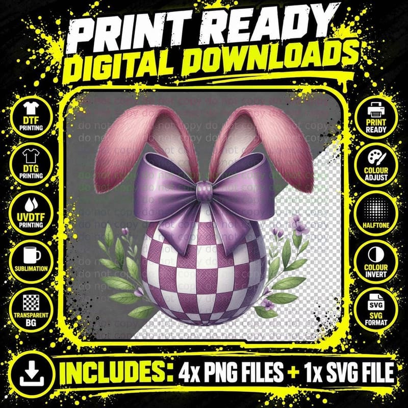 Purple Checkered Egg with Bow and Bunny Ears Easter Png SVG Digital Bundle