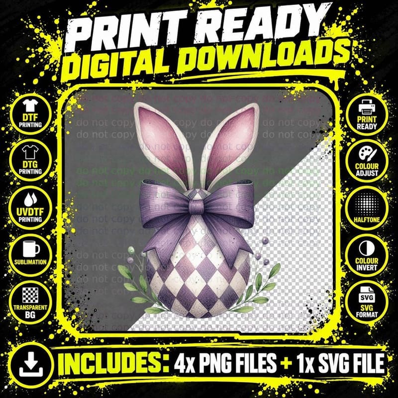 Purple Checkered Egg with Bunny Ears Easter T-Shirt Png SVG Digital Bundle