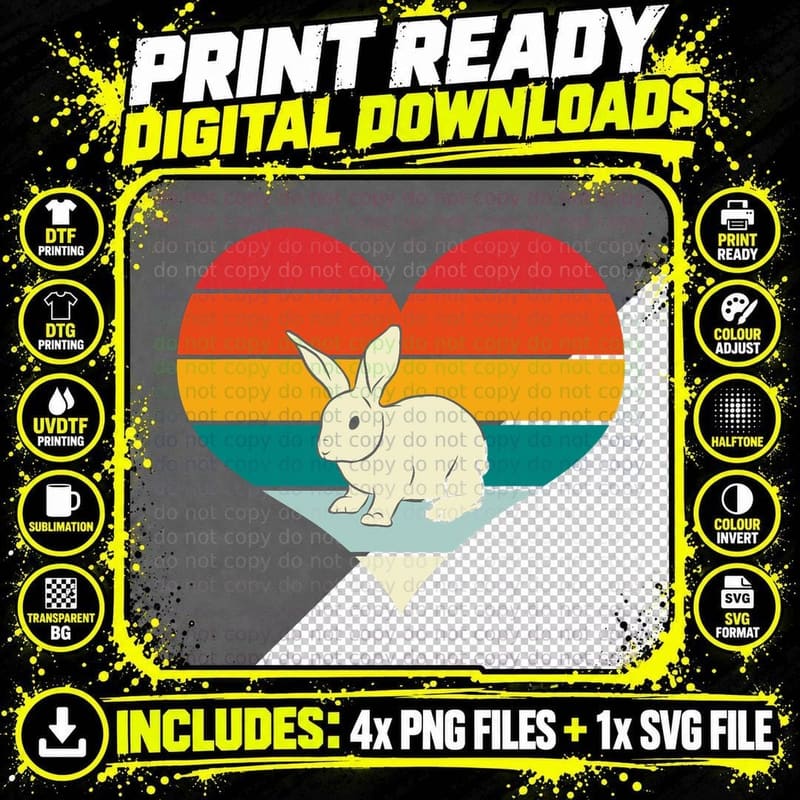 Rabbit Bunny Heart Valentines Day Gift Retro Rabbit Png SVG Digital Bundle