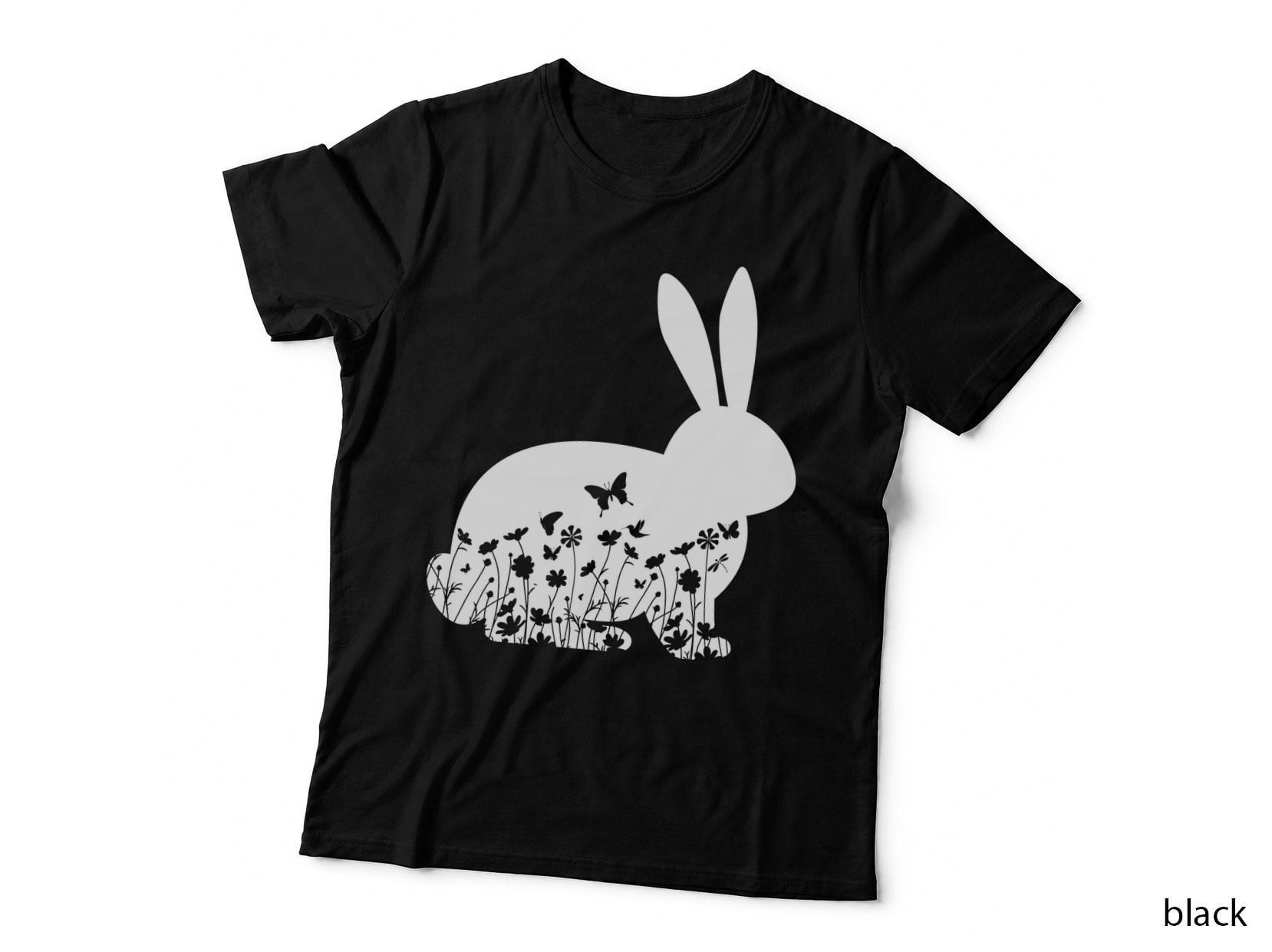 Rabbit Silhouette Among Flowers and Butterflies Easter T-Shirt