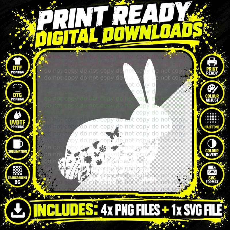 Rabbit Silhouette Among Flowers and Butterflies Easter Png SVG Digital Bundle