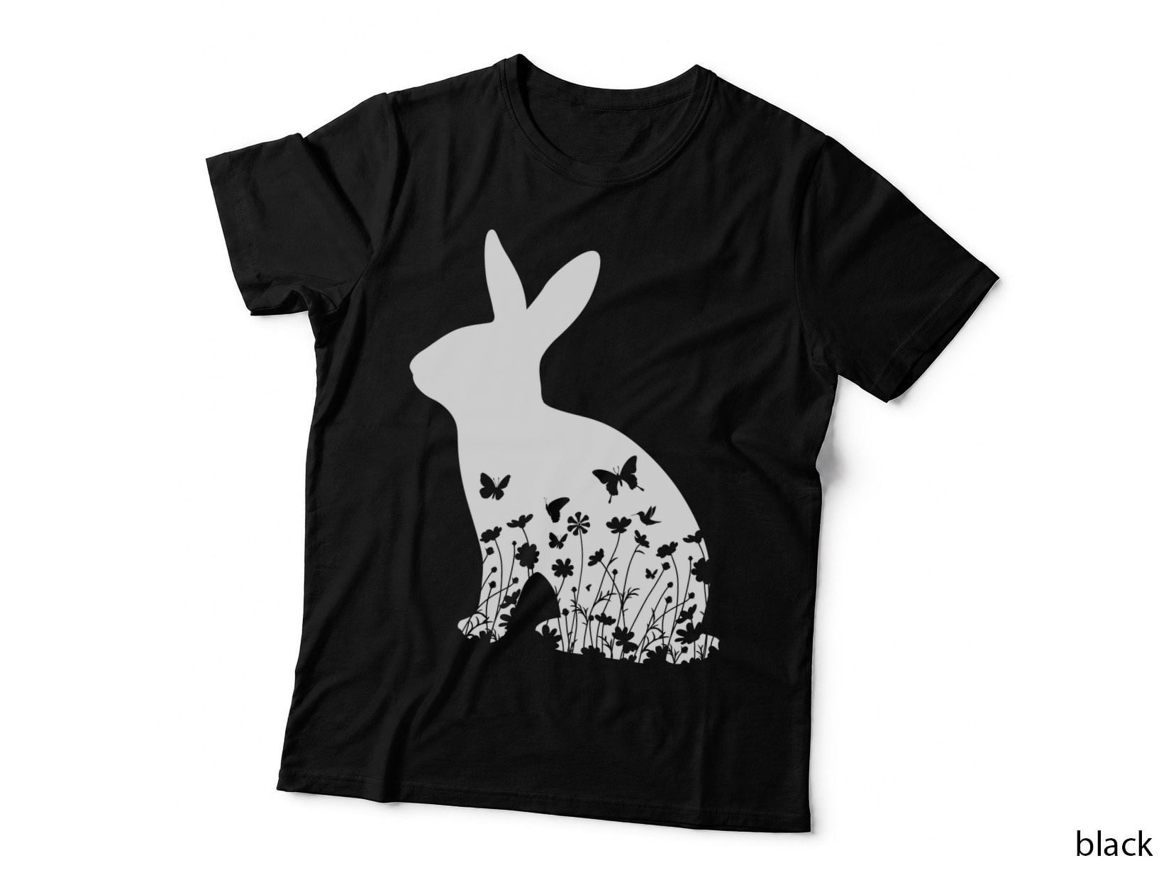 Rabbit Silhouette with Butterflies and Flowers Easter T-Shirt