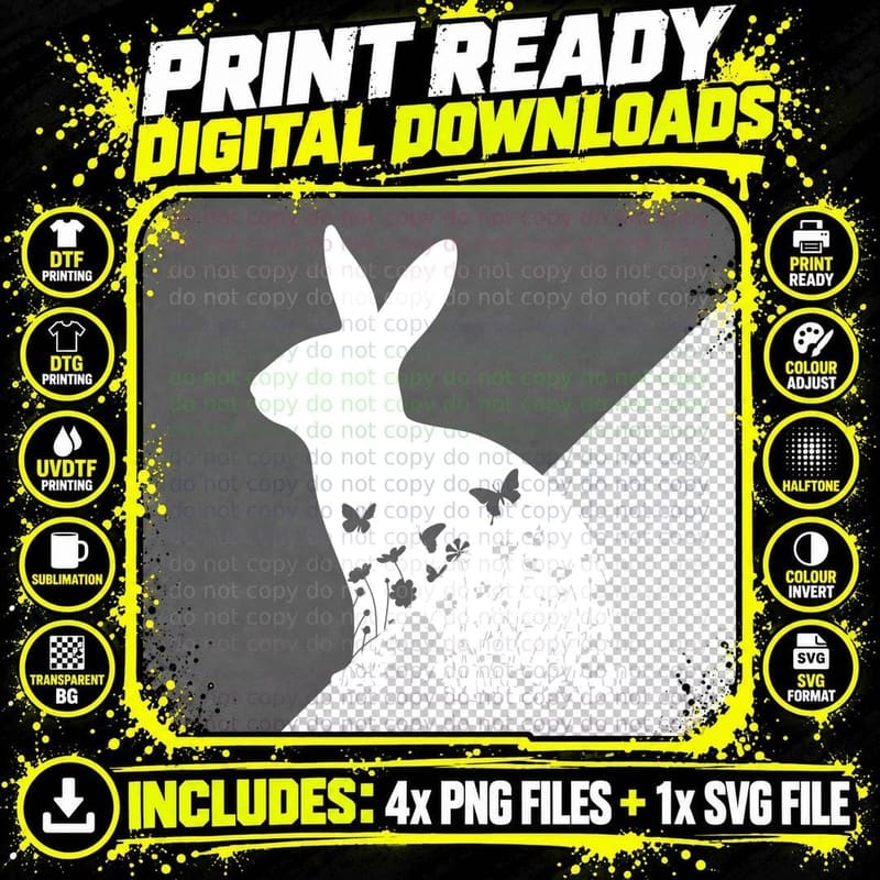 Rabbit Silhouette with Butterflies and Flowers Easter Png SVG Digital Bundle