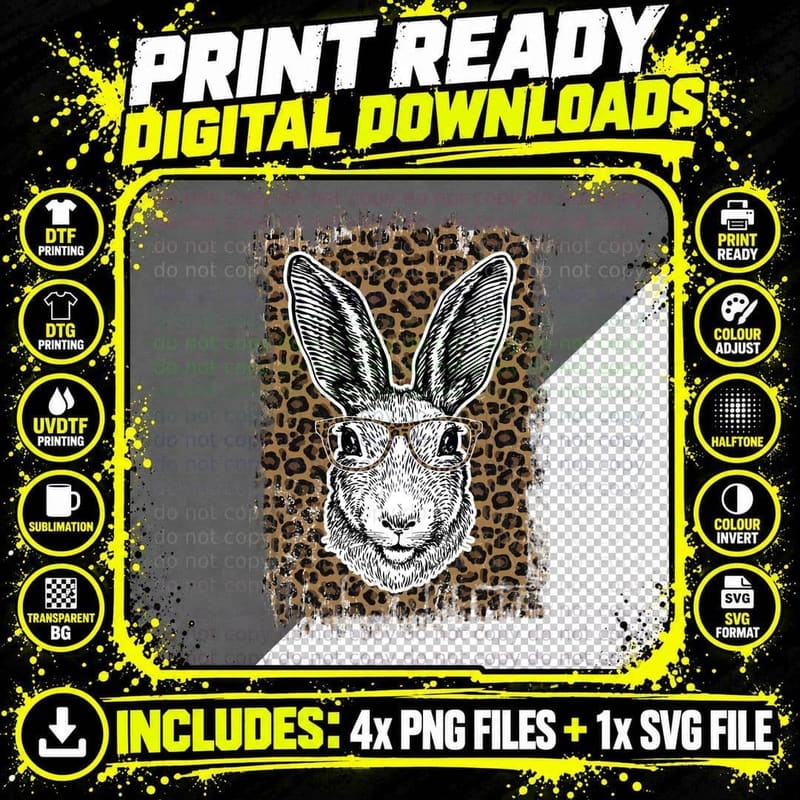 Rabbit Wearing Glasses on Leopard Print Easter T-Shirt Png SVG Digital Bundle