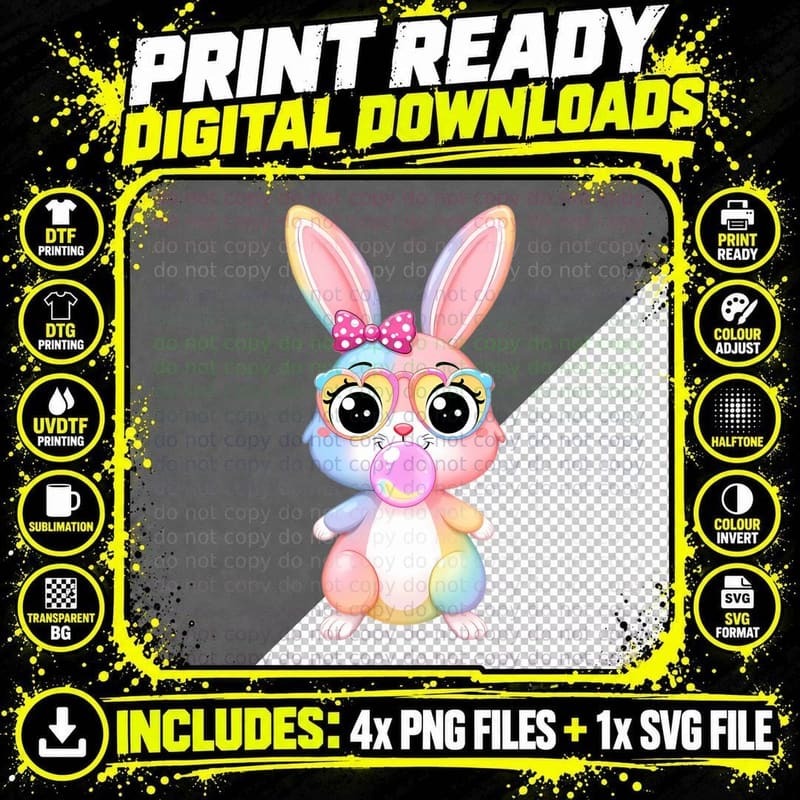 Rainbow Bunny Blowing Bubblegum Easter T-Shirt Png SVG Digital Bundle