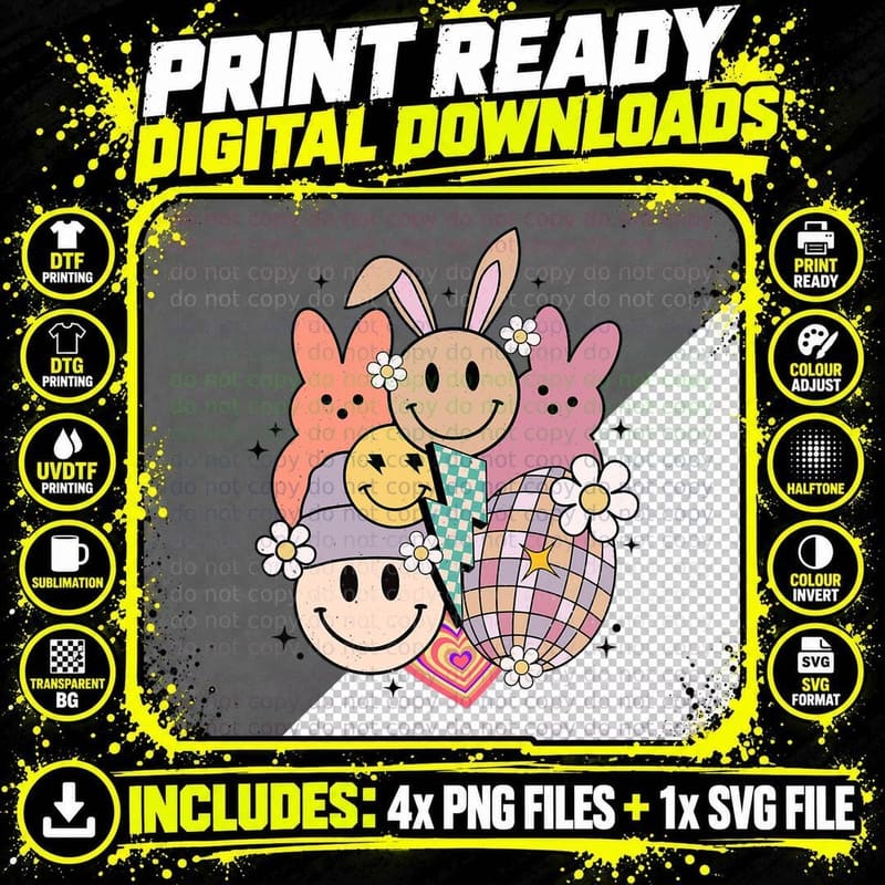 Retro Easter Bunny Smile Face T-Shirt Png SVG Digital Bundle
