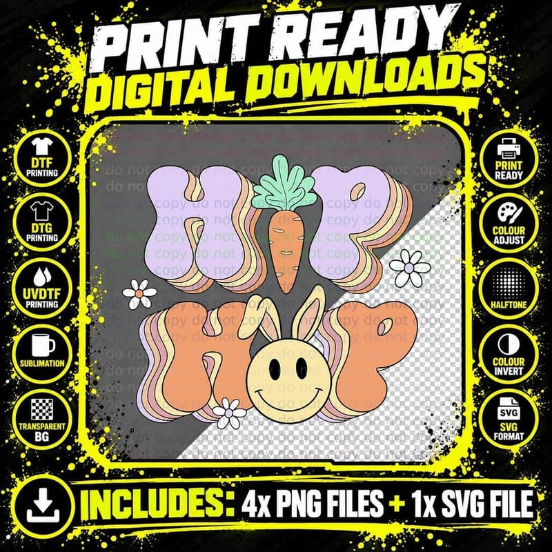 Retro Groovy Easter Day Hip Hop Cute Rabbit Bunny Carrot Png SVG Digital Bundle