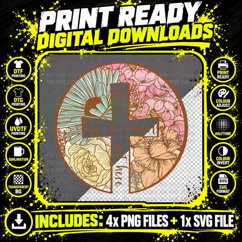 Retro Groovy He Is Risen Jesus Religious Easter Png SVG Digital Bundle