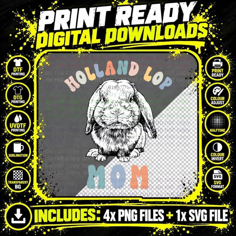 Retro Holland Lop Mom Rabbit Bunny Mama T-Shirt Png SVG Digital Bundle