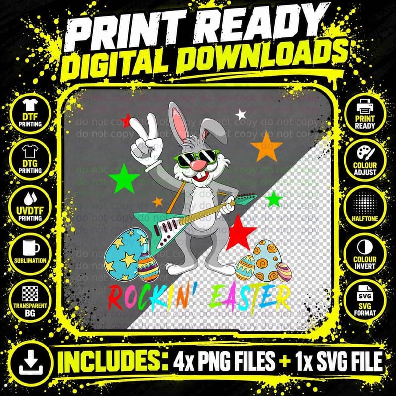 Rockin' Easter Bunny T-Shirt, Easter Themed Png SVG Digital Bundle