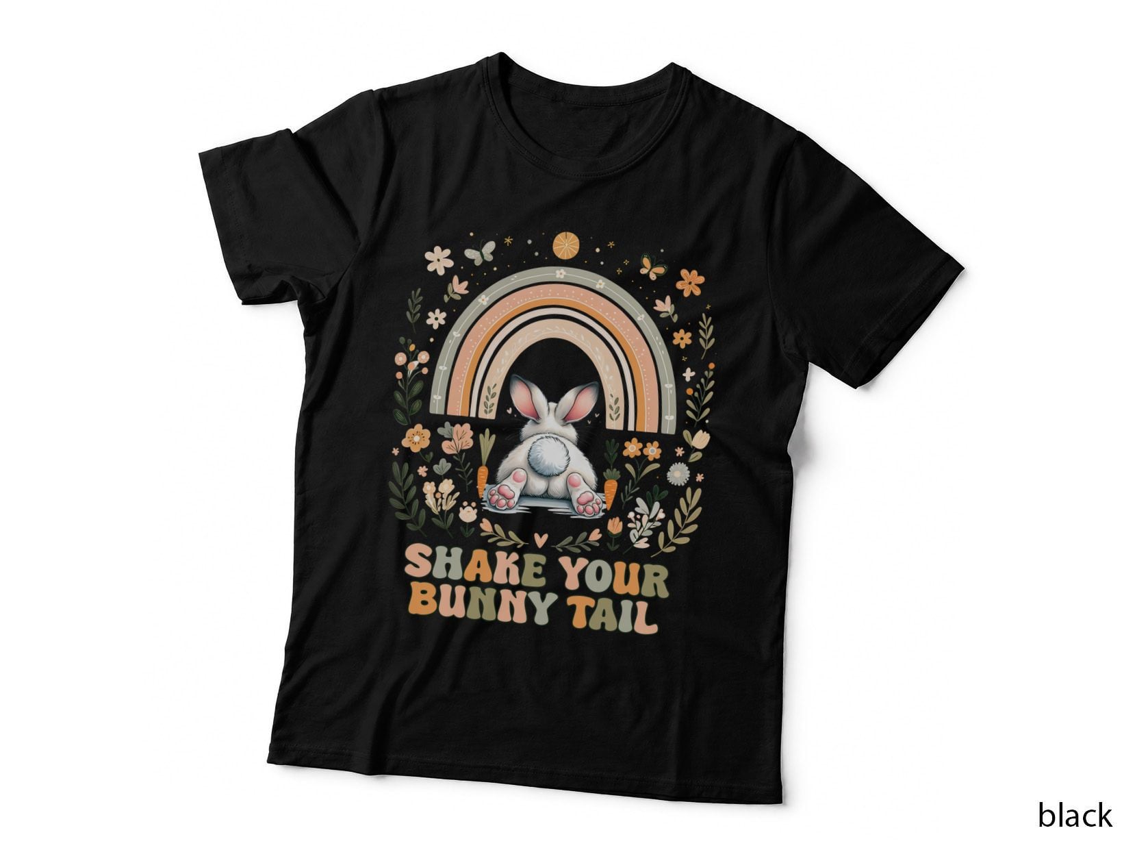Shake Your Bunny Tail Easter T-Shirt, Bunny Under Rainbow with Flowers Graphic